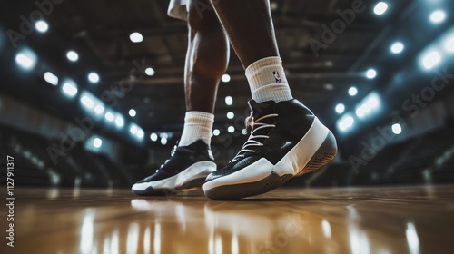 A basketball player's shoes squeaking on the court, indoor setting with arena lights, Urban style photo