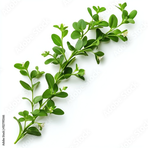 Green plant branch with small leaves, isolated on white background. photo