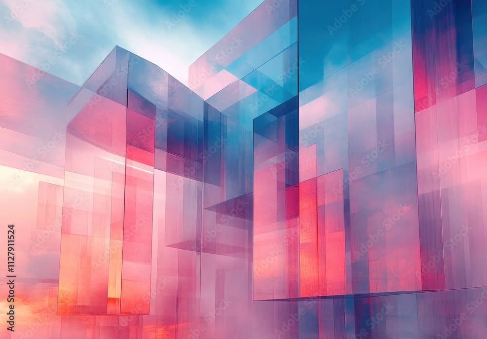 Abstract Glass Structures in Vibrant Shades of Pink and Blue with Dynamic Light Reflections and Ethereal Cloudy Background, Perfect for Contemporary Art Projects