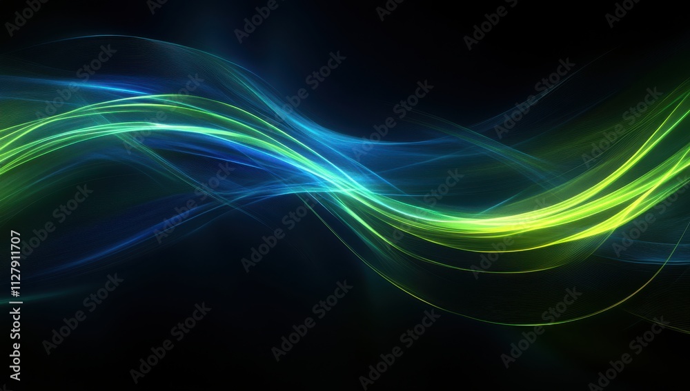 Abstract Light Waves in Blue and Green Tones Flowing Over Dark Background for Use in Digital Design, Technology, and Artistic Projects