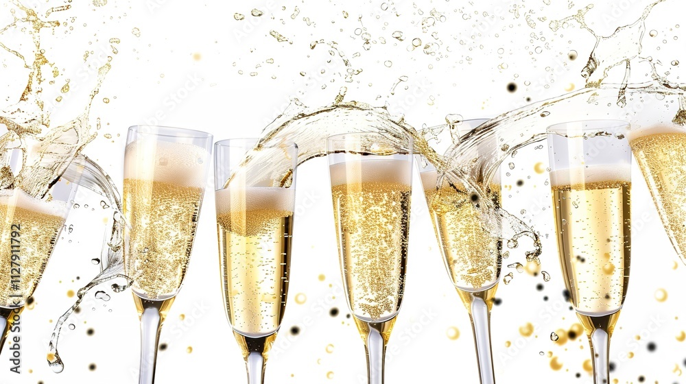 White Wine Champagne Splashing in a Glass on White Background, Sparkling Liquid Display of Elegance and Celebration. White Wine Champagne Splashing in a Glass on White Background, Sparkling Liquid Display of Elegance and Celebration.