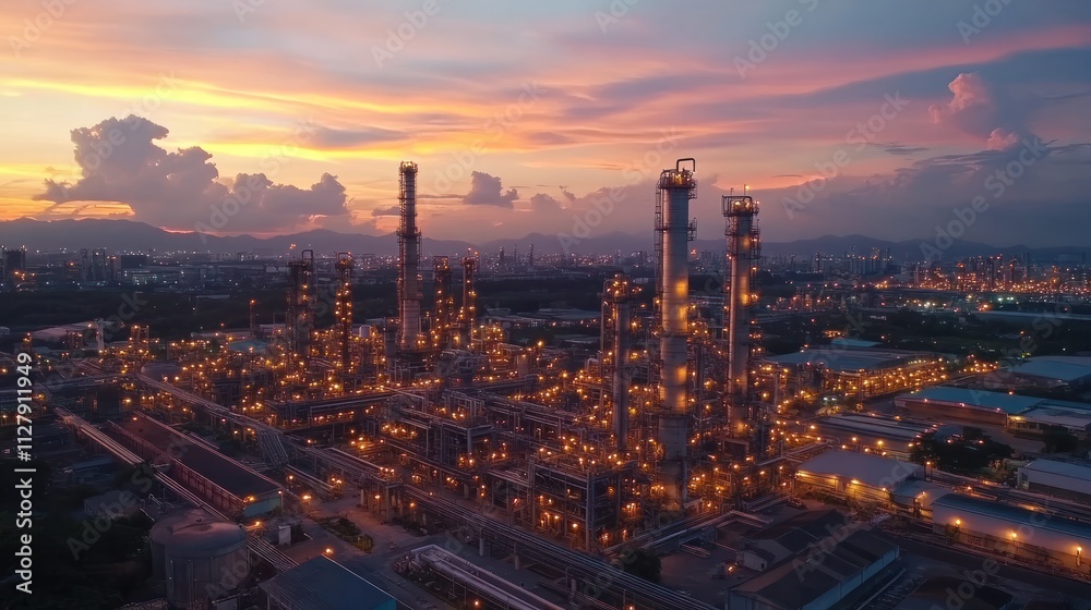 Fototapeta premium Industrial complex illuminated at sunset, showcasing energy production.