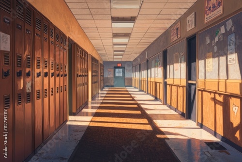 Sunlit school hallway with lockers and posters. (1)