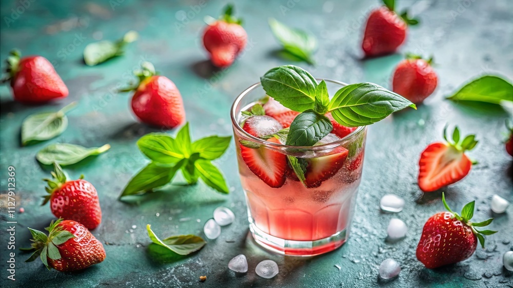 Refreshing Strawberry Basil Summer Drink with Ice Cubes Refreshing Strawberry Basil Summer Drink with Ice Cubes