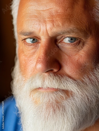 Senior Man's Pensive Gaze - An older man with a long white beard, deep-set eyes, and weathered skin conveying contemplation, wisdom, and life experience.  Symbolizing age, reflection, wisdom, introspe photo