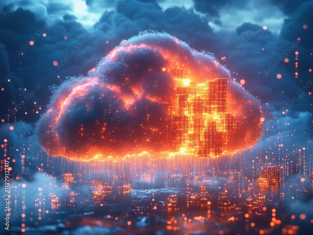 Abstract Representation of Digital Cloud with Glowing Elements and Data Streams Illustrating Modern Technology and Cybersecurity Concepts in a Futuristic Setting Abstract Representation of Digital Cloud with Glowing Elements and Data Streams Illustrating Modern Technology and Cybersecurity Concepts in a Futuristic Setting
