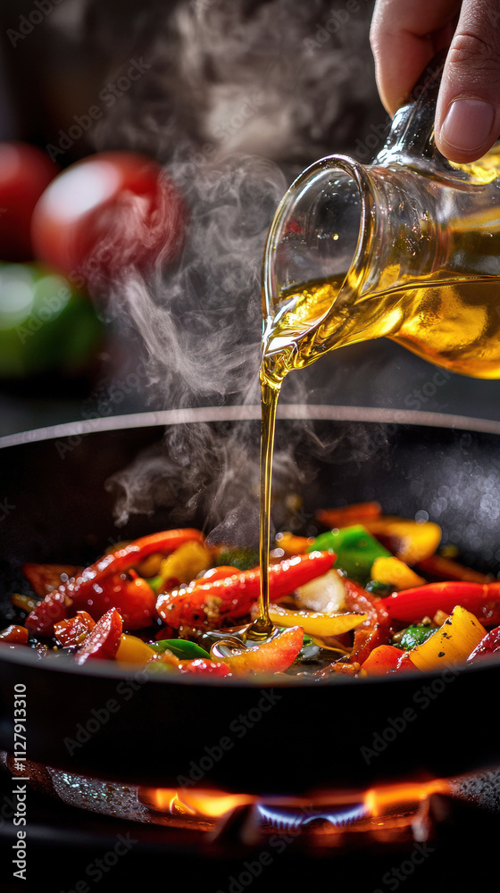 Cooking vibrant vegetables in skillet with oil, creating delicious aroma Cooking vibrant vegetables in skillet with oil, creating delicious aroma