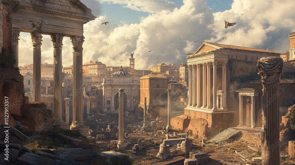 Obraz premium Ancient Roman ruins, columns, temples, sunny sky.