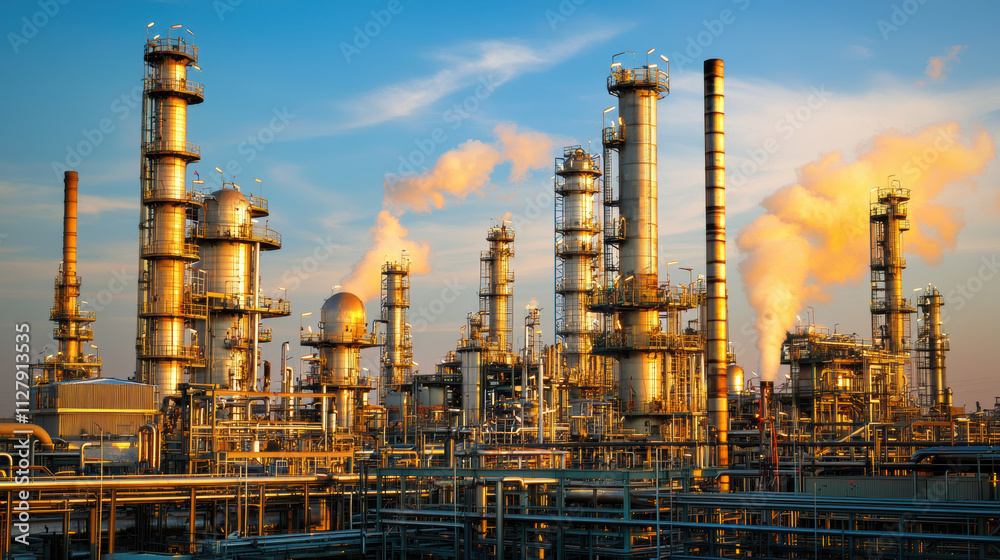 custom made wallpaper toronto digitalIndustrial complex with smokestacks and pipelines under sunset sky