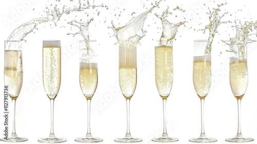 White Wine Champagne Splashing in a Glass on White Background, Sparkling Liquid Display of Elegance and Celebration.