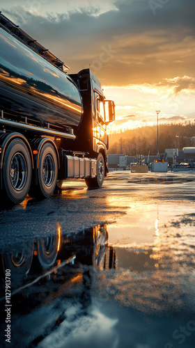 vertical shot of gas tanker truck at sunset, reflecting on wet pavement. scene captures beauty of industrial transport