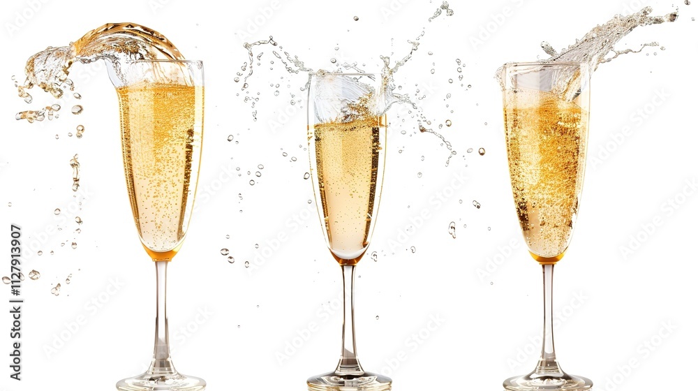 White Wine Champagne Splashing in a Glass on White Background, Sparkling Liquid Display of Elegance and Celebration.