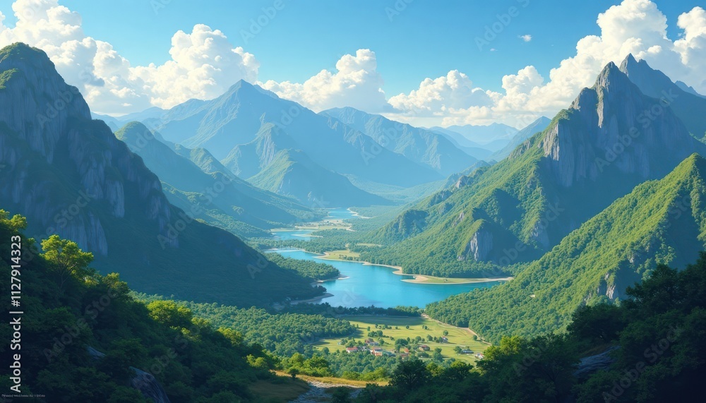 Breathtaking panorama of Jamaican mountains. Rich green valleys, clear turquoise lake winding through. Rolling hills, rocky outcrops. Peaceful scene ideal for travel, vacation photos. Picturesque Breathtaking panorama of Jamaican mountains. Rich green valleys, clear turquoise lake winding through. Rolling hills, rocky outcrops. Peaceful scene ideal for travel, vacation photos. Picturesque