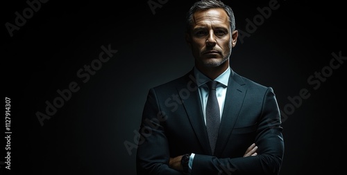 Confident Businessman in Suit in Dark Studio photo