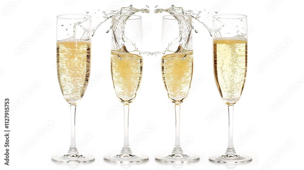 White Wine Champagne Splashing in a Glass on White Background, Sparkling Liquid Display of Elegance and Celebration.