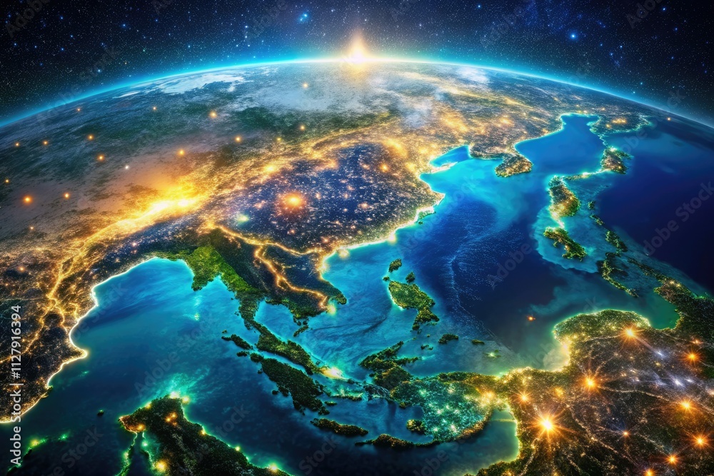 Obraz premium Aerial night photography reveals Asia's dazzling urban landscape; a constellation of lights from space.