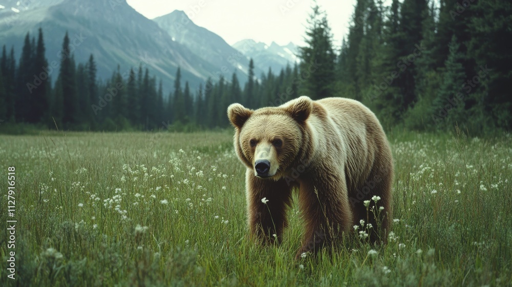 71.A cinnamon-colored bear in Glacier National Park stands in a lush meadow, surrounded by tall grass and wildflowers. The bear is seen foraging, its nose close to the ground as it searches for 71.A cinnamon-colored bear in Glacier National Park stands in a lush meadow, surrounded by tall grass and wildflowers. The bear is seen foraging, its nose close to the ground as it searches for