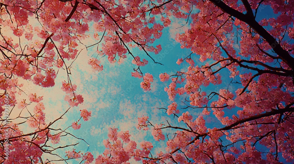 87.A beautiful array of cherry blossom branches covered in pink blooms set against a clear, bright blue sky. The focus captures the fine details of the petals, with sunlight filtering through, 87.A beautiful array of cherry blossom branches covered in pink blooms set against a clear, bright blue sky. The focus captures the fine details of the petals, with sunlight filtering through,
