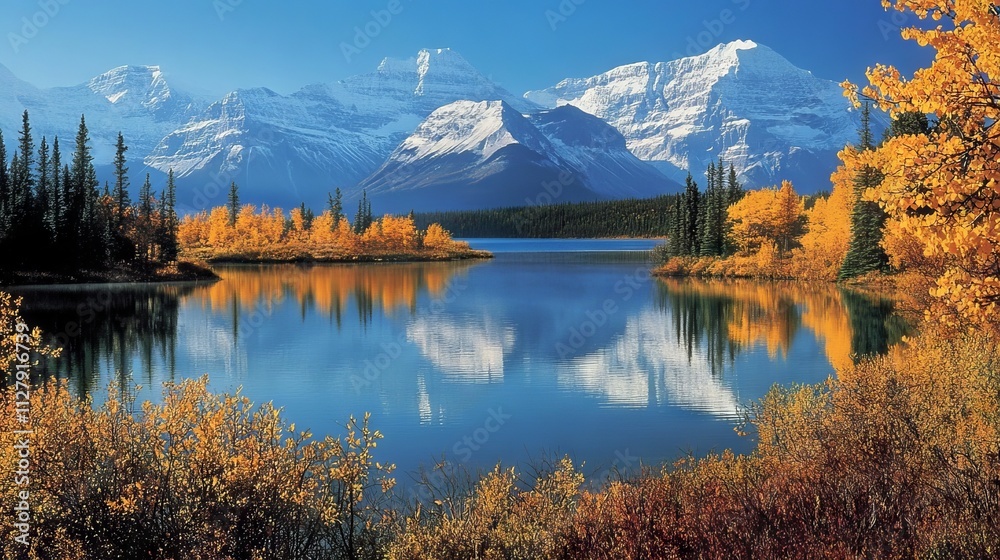 Naklejka premium 62.A breathtaking autumn scene of Lake Louise, where the still water reflects the snow-capped Rocky Mountains in sharp detail. The shoreline is dotted with golden trees and brush, adding rich fall