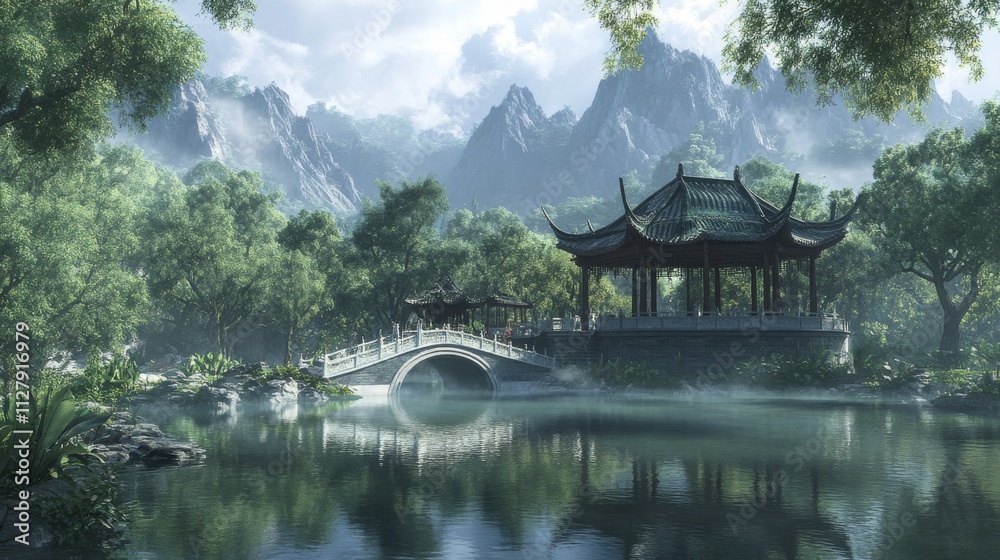 54.A captivating view of the Black Dragon Pool Park featuring a classic Chinese pagoda with a curved roof, accompanied by an elegant arch bridge stretching over a peaceful pond. The scene is 54.A captivating view of the Black Dragon Pool Park featuring a classic Chinese pagoda with a curved roof, accompanied by an elegant arch bridge stretching over a peaceful pond. The scene is