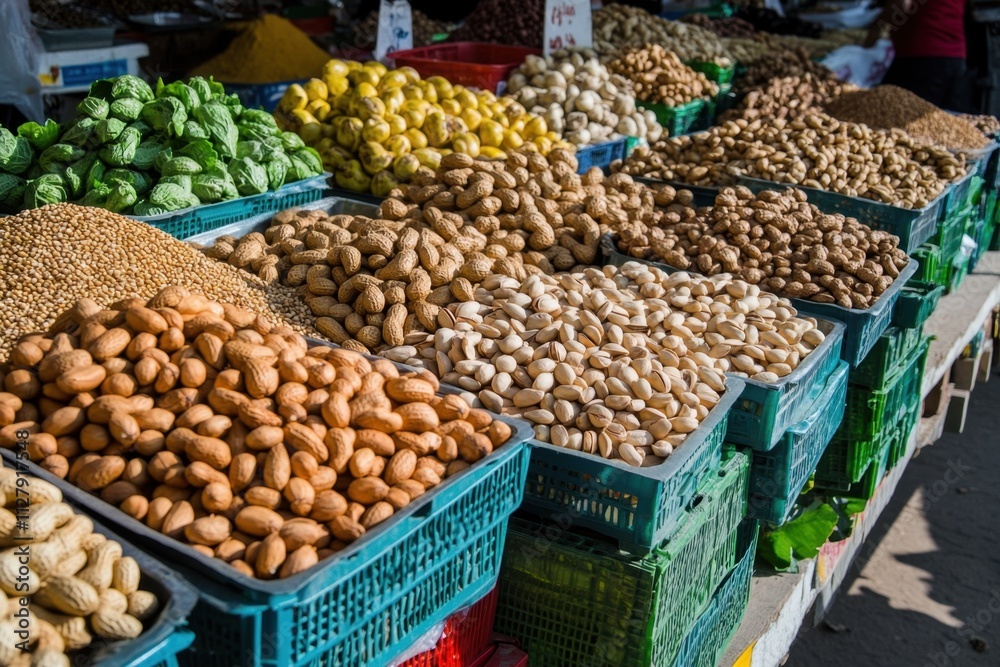 Vibrant market stall displaying various nuts local market food photography open-air environment close-up view nut diversity and freshness concept Vibrant market stall displaying various nuts local market food photography open-air environment close-up view nut diversity and freshness concept