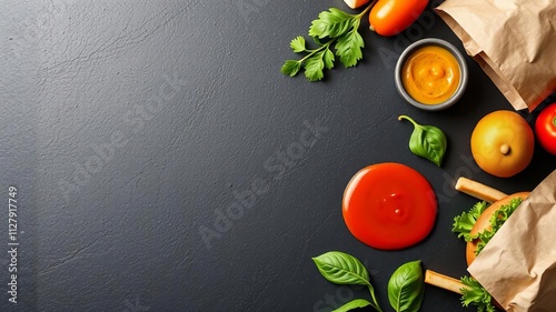 Fast food and healthy nutrition concept on black stone background with burgers, fries, sauces, vegetables, and fruits for comparison in a take-away set flyer, burgers, fruits