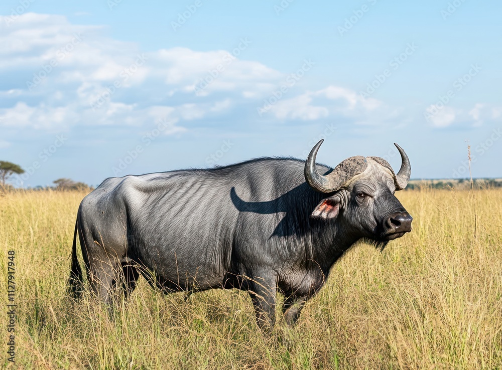 A large cape buffalo stands in tall grass under a partly cloudy sky. A large cape buffalo stands in tall grass under a partly cloudy sky.