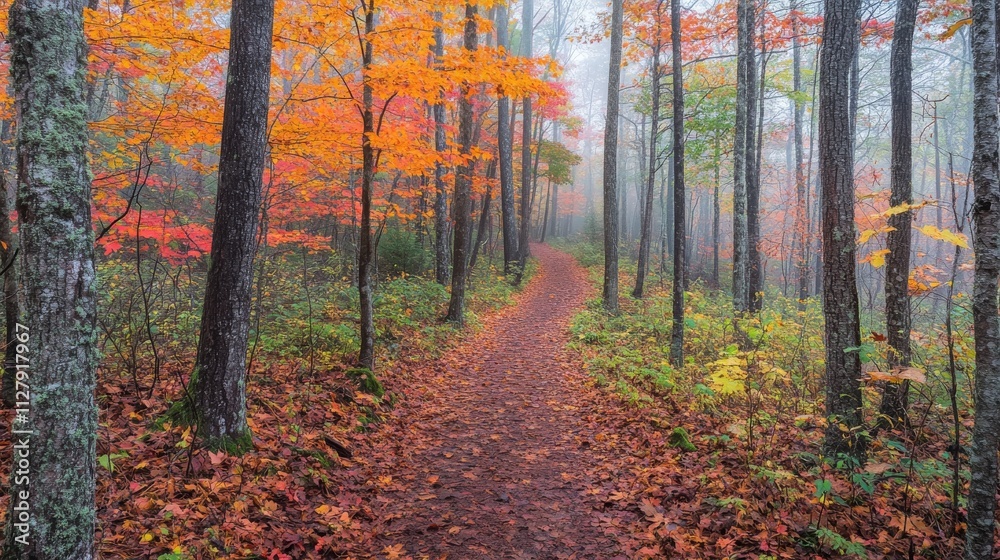 Obraz premium 77.An enchanting forest path in autumn, with maple trees showcasing bright orange, red, and yellow leaves, creating a canopy over the trail. The ground is covered with freshly fallen leaves, and the
