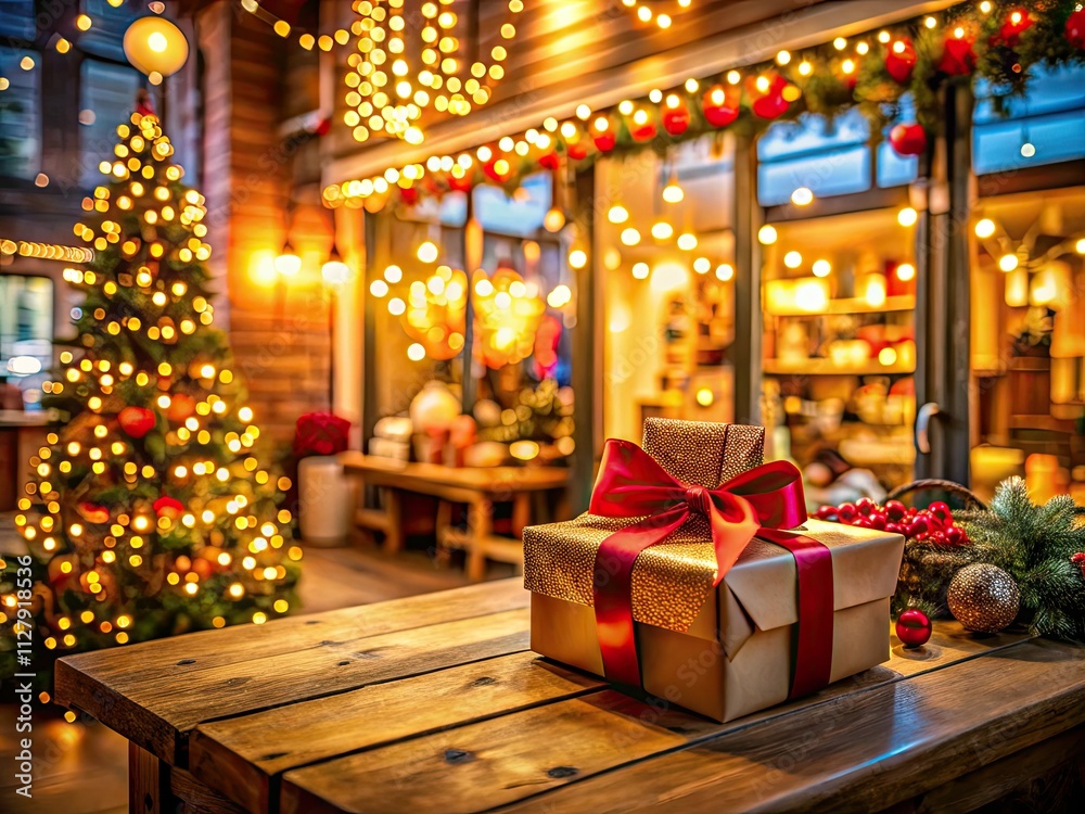 A panoramic view of Christmas cheer: twinkling lights, wrapped gifts, and festive decor fill the holiday shop. A panoramic view of Christmas cheer: twinkling lights, wrapped gifts, and festive decor fill the holiday shop.