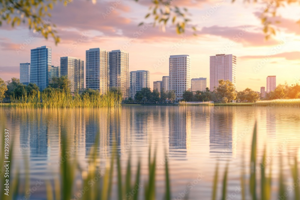 City skyline reflected in calm lake at sunset. City skyline reflected in calm lake at sunset.