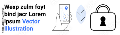 Hand holding a smartphone displaying a happy face and location pin. Adjacent are a leaf outline and a padlock icon with a keyhole. Ideal for security apps, nature, technology, digital services
