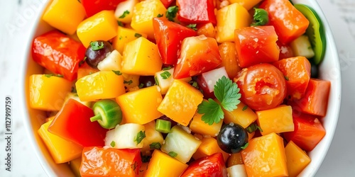 fresh fruit salad with watermelon, grapes, strawberries, and orange slices on a vibrant pink background, bowl, freshness