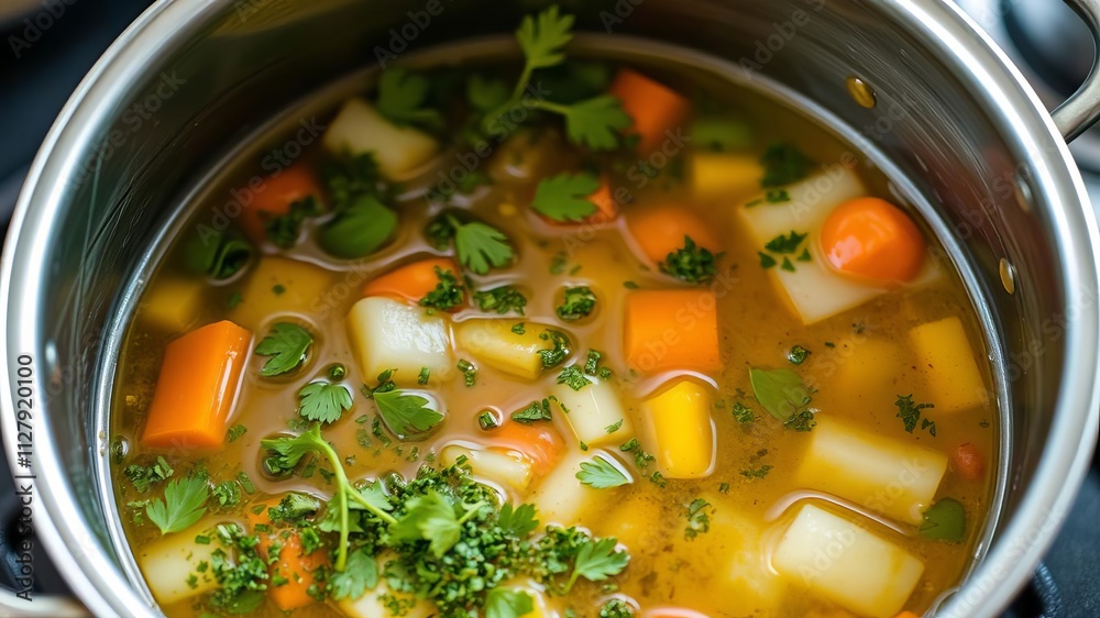 Fresh ingredients of vegetables and herbs being cooked in a stainless steel saucepan on a stovetop, stove, kitchen Fresh ingredients of vegetables and herbs being cooked in a stainless steel saucepan on a stovetop, stove, kitchen