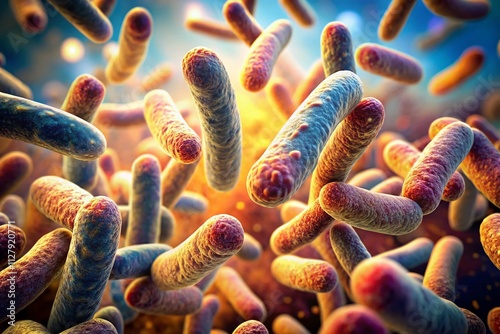 Stunning Tilt-Shift Photography of 3D Illustrated Lactobacillus Bacteria, Showcasing Their Unique Structure and Role in Fermentation Processes for Scientific and Educational Use photo