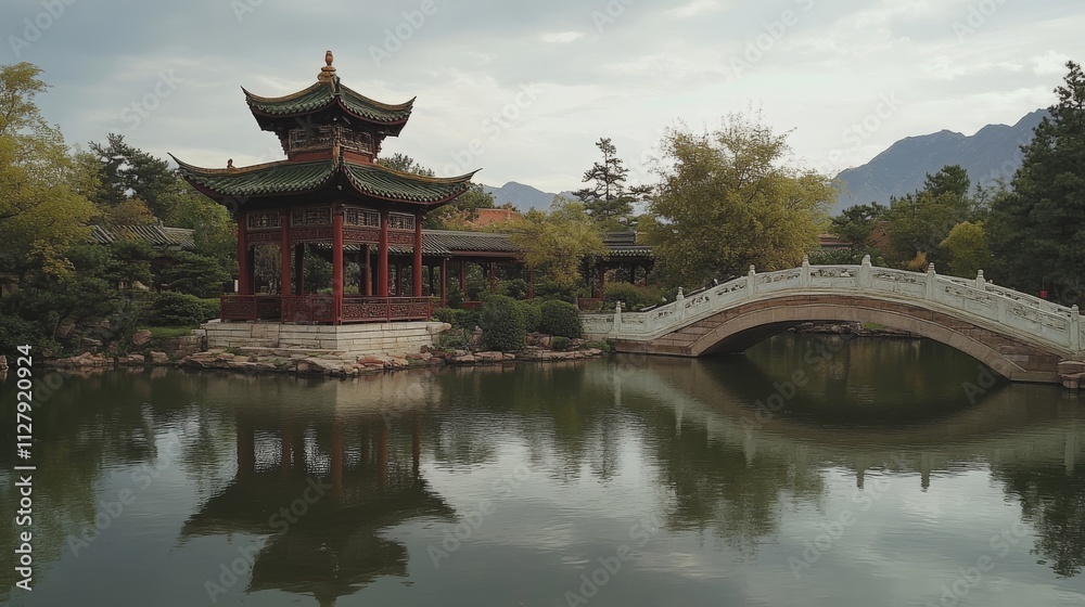 51.A serene scene at Black Dragon Pool Park featuring a traditional Chinese pagoda with intricate carvings and vibrant red and gold details. The pagoda stands near a graceful pavilion with curved 51.A serene scene at Black Dragon Pool Park featuring a traditional Chinese pagoda with intricate carvings and vibrant red and gold details. The pagoda stands near a graceful pavilion with curved