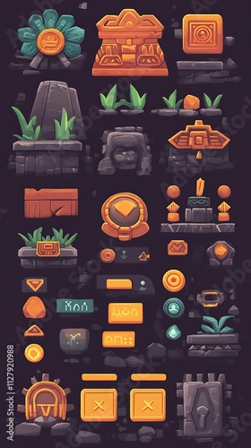 Cartoon Aztec Game Assets.  Concept of Aztec themed game elements. photo