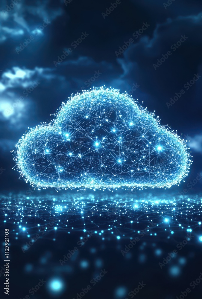 Digital Cloud Technology Visualization with Bright Connecting Nodes and LED Lights Against a Dark Background Highlighting Future Network and Data Concepts Digital Cloud Technology Visualization with Bright Connecting Nodes and LED Lights Against a Dark Background Highlighting Future Network and Data Concepts