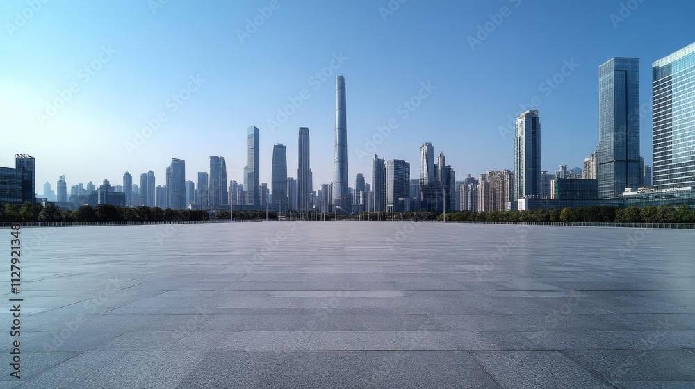 32.A wide-open square in Guangzhou, featuring a blend of modern high-rise buildings with reflective glass facades. The empty road stretches across the foreground, creating a spacious perspective that 32.A wide-open square in Guangzhou, featuring a blend of modern high-rise buildings with reflective glass facades. The empty road stretches across the foreground, creating a spacious perspective that