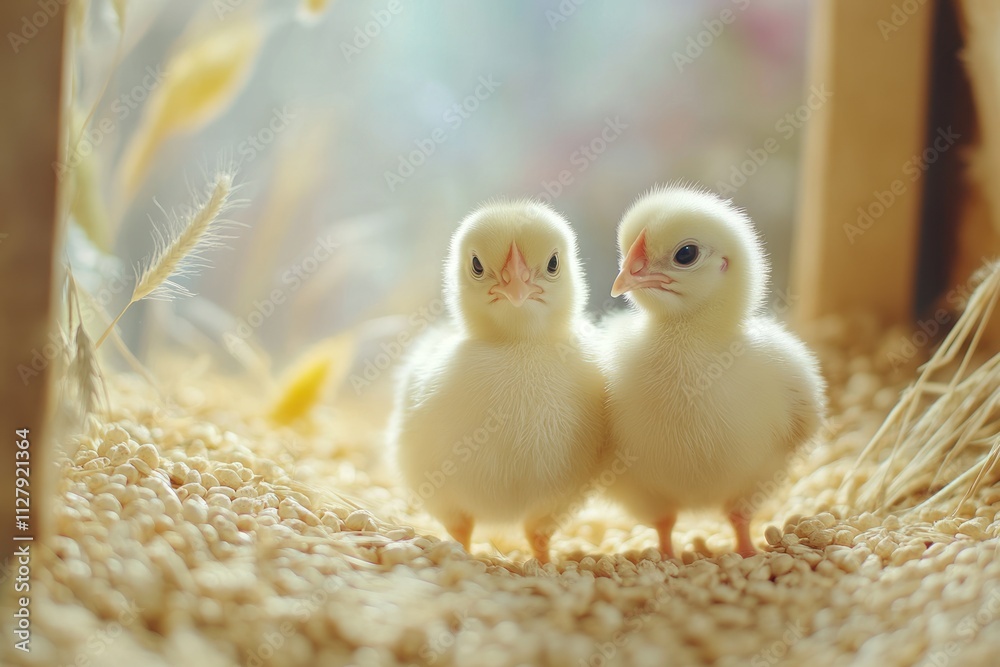 Two fluffy yellow chicks nestled together in a warm, sunny coop. Two fluffy yellow chicks nestled together in a warm, sunny coop.