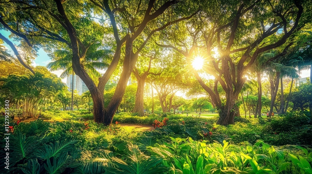 Naklejka premium 44.A sunlit view of Kapiolani Park in Hawaii, showcasing vibrant greenery and large, leafy trees. Sunlight filters softly through the tree canopy, casting warm, natural light across the park and