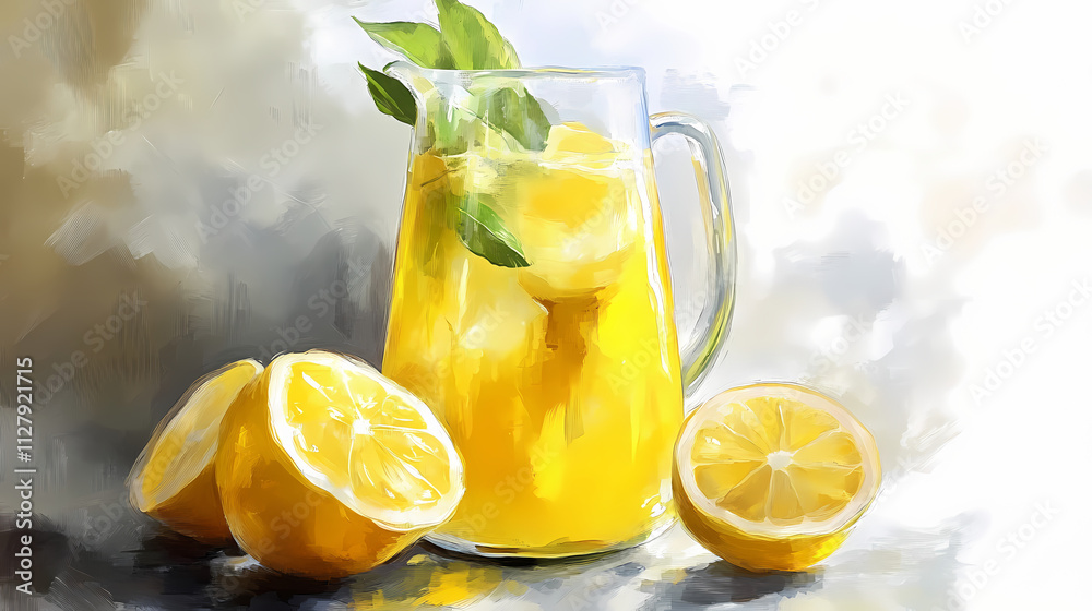Fototapeta premium Limones y un jarro de vidrio con limonada arte conceptual. Fresco. Illustration