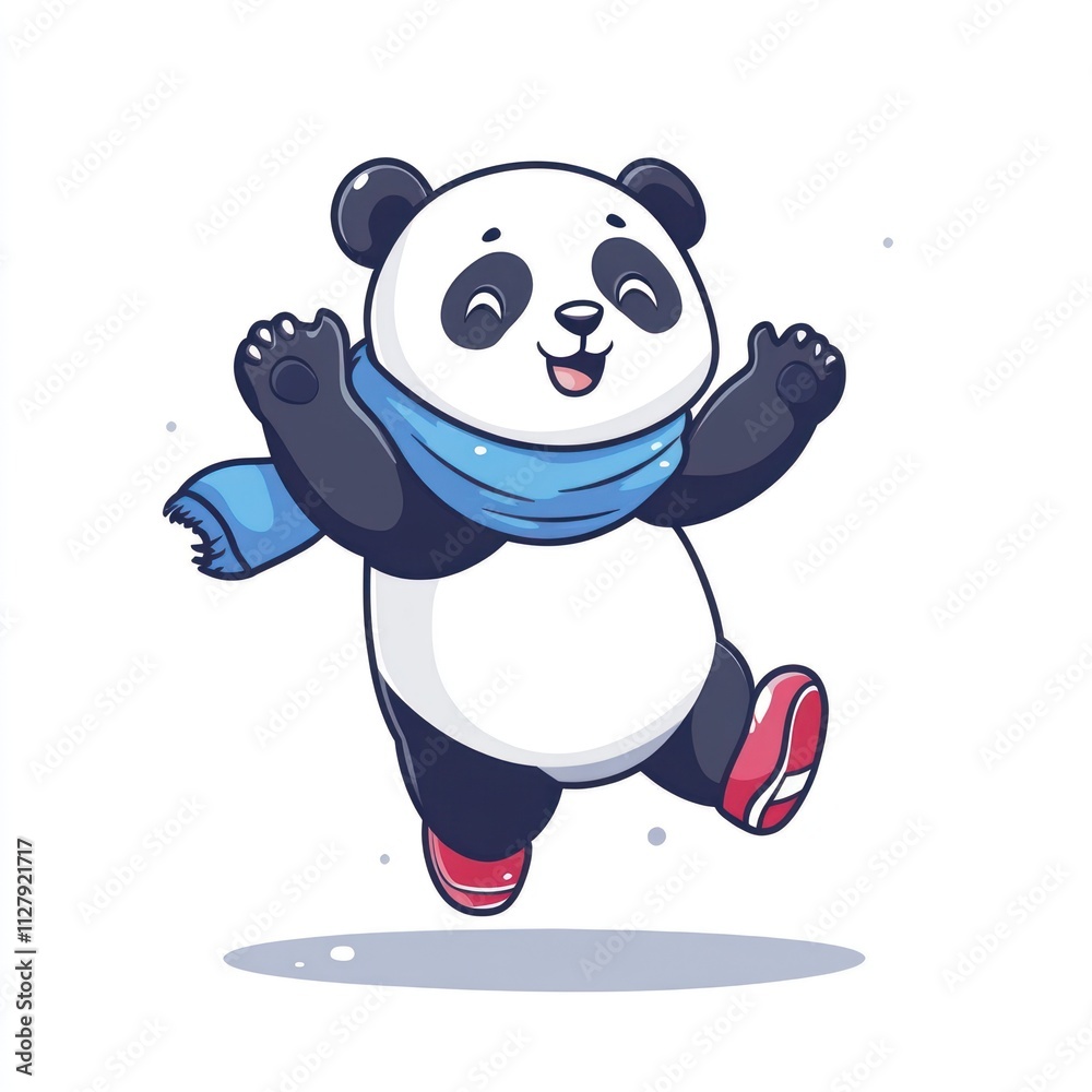 Joyful panda bear in winter attire leaping. Joyful panda bear in winter attire leaping.