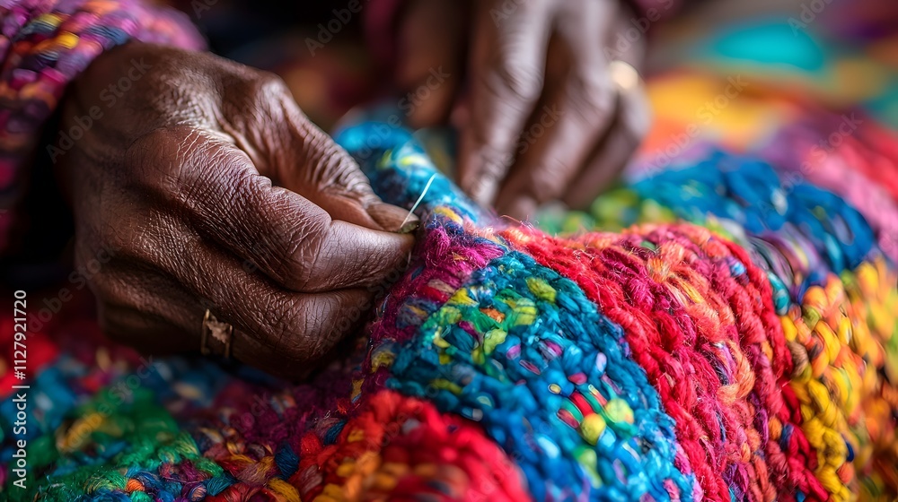 Colorful Handmade Textile Close up of Skilled Hands Weaving Vibrant Threads Colorful Handmade Textile Close up of Skilled Hands Weaving Vibrant Threads