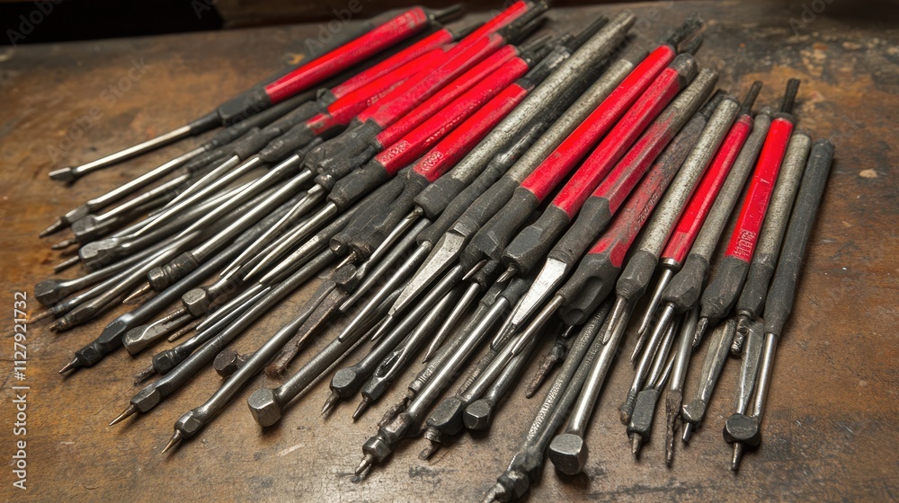 Fototapeta premium Assorted Precision Tools with Red Handles on Workbench Surface
