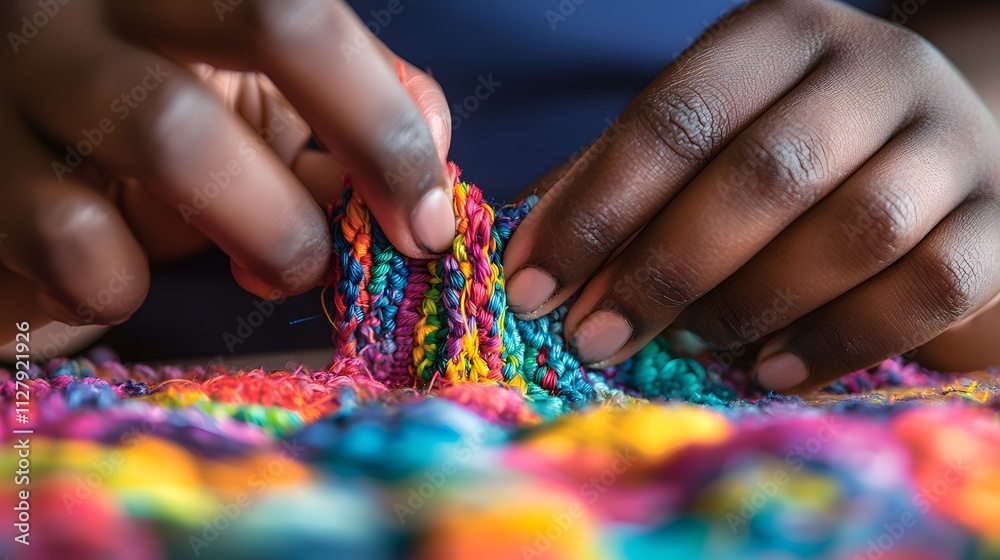 Vibrant Rainbow Textile Weaving Close up Hands Crafting Colorful Threads Vibrant Rainbow Textile Weaving Close up Hands Crafting Colorful Threads