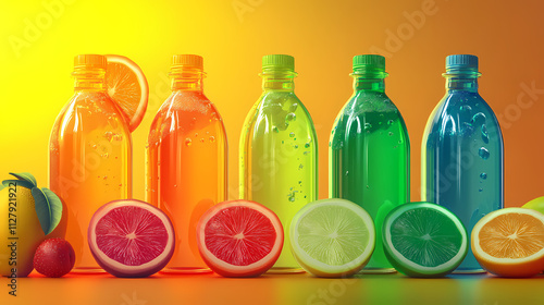 Mockup botella y frutas de colores con luz fluorescente. Fresco. Illustration