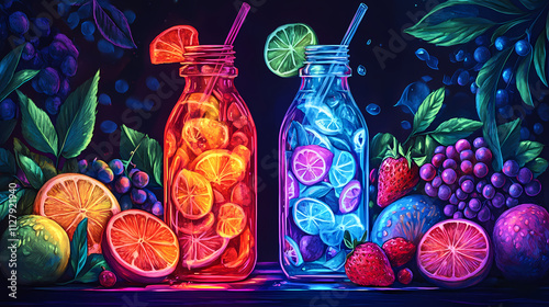 Mockup botella y frutas de colores con luz fluorescente. Fresco. Illustration