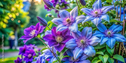 Stunning Urban Exploration of Blue and Violet Clematis Jackmanii Tie Dye Flowers with Pale Lavender Strokes in a Lush Garden Setting during July 2022, Perfect for Nature Lovers