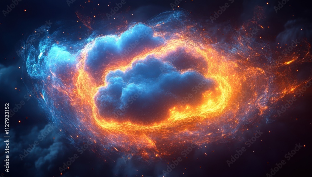 Dramatic Cosmic Cloud with Fiery Orange and Cool Blue Swirls, Captivating Night Sky Phenomenon in Deep Space Depicting Stellar Activity and Celestial Wonders Dramatic Cosmic Cloud with Fiery Orange and Cool Blue Swirls, Captivating Night Sky Phenomenon in Deep Space Depicting Stellar Activity and Celestial Wonders
