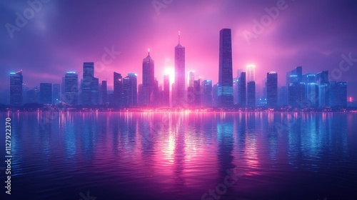 Futuristic city skyline at night reflected in calm water with vibrant pink and blue neon lights.
